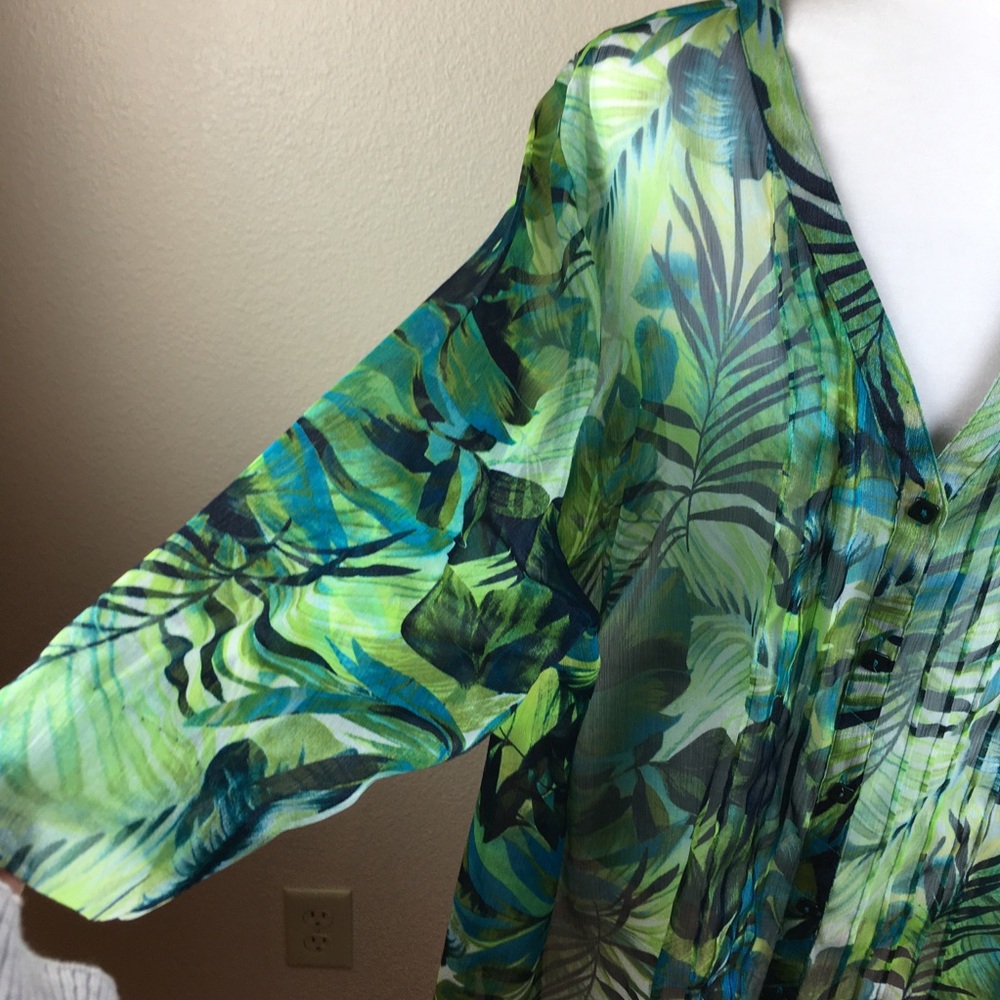 Maggie Barnes for CATHERINES Green Floral Transparent Button Front Blouse Sz 2X - Picture 4 of 13